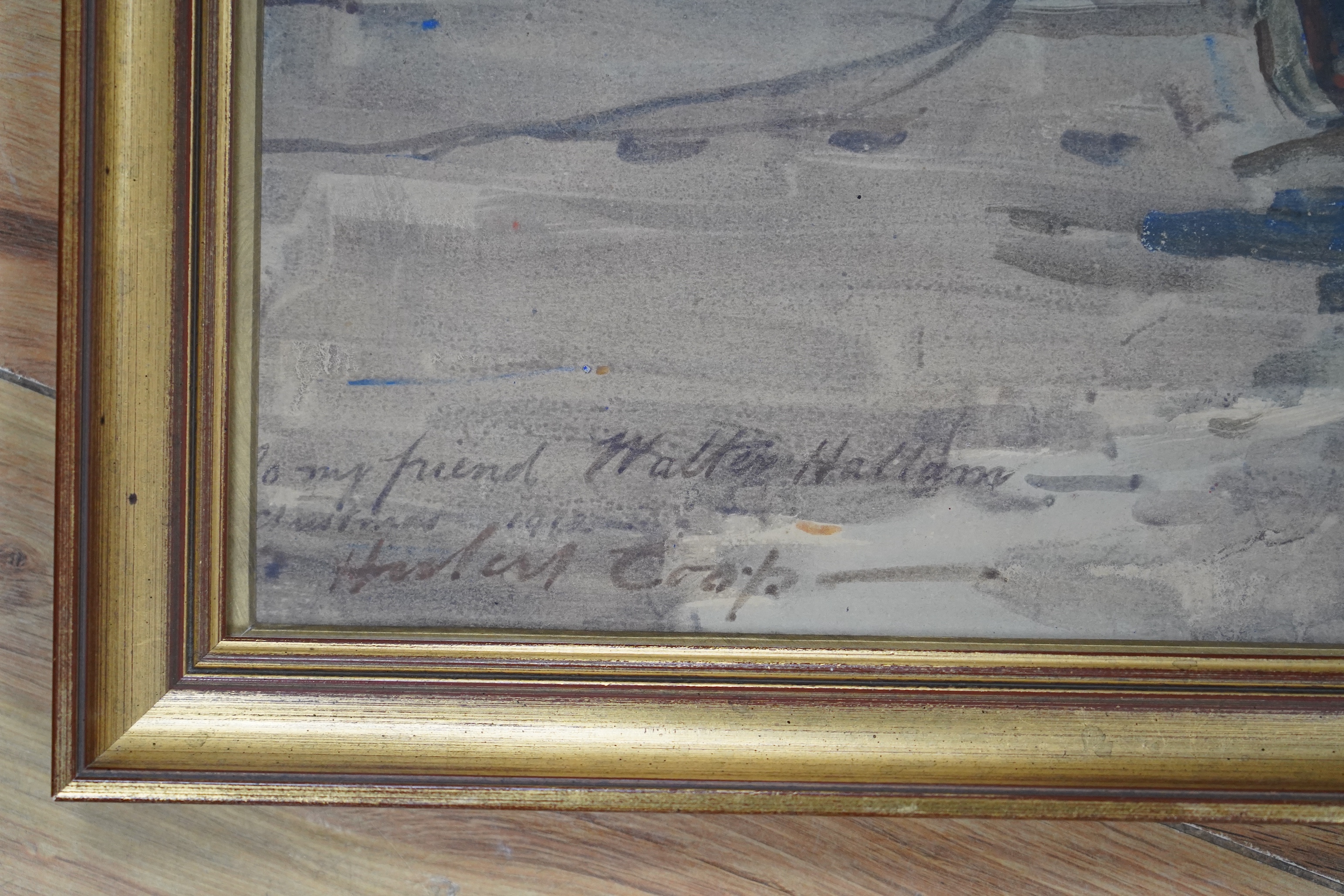 Hubert Coop (1872-1953), watercolour, Coastal view with beached fishing boats, signed, inscribed and dated 1912, 54 x 71cm